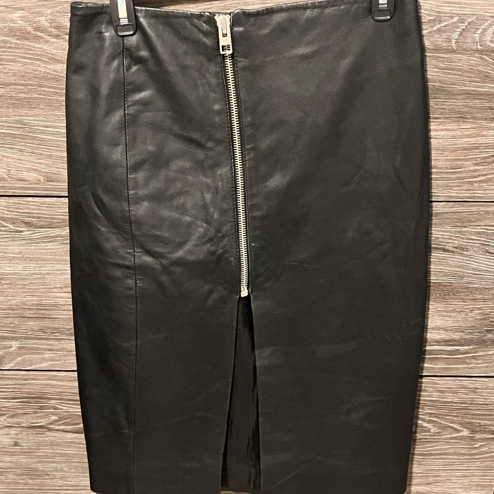 All Saints Black Leather Pencil Skirt with Zipper Detail
